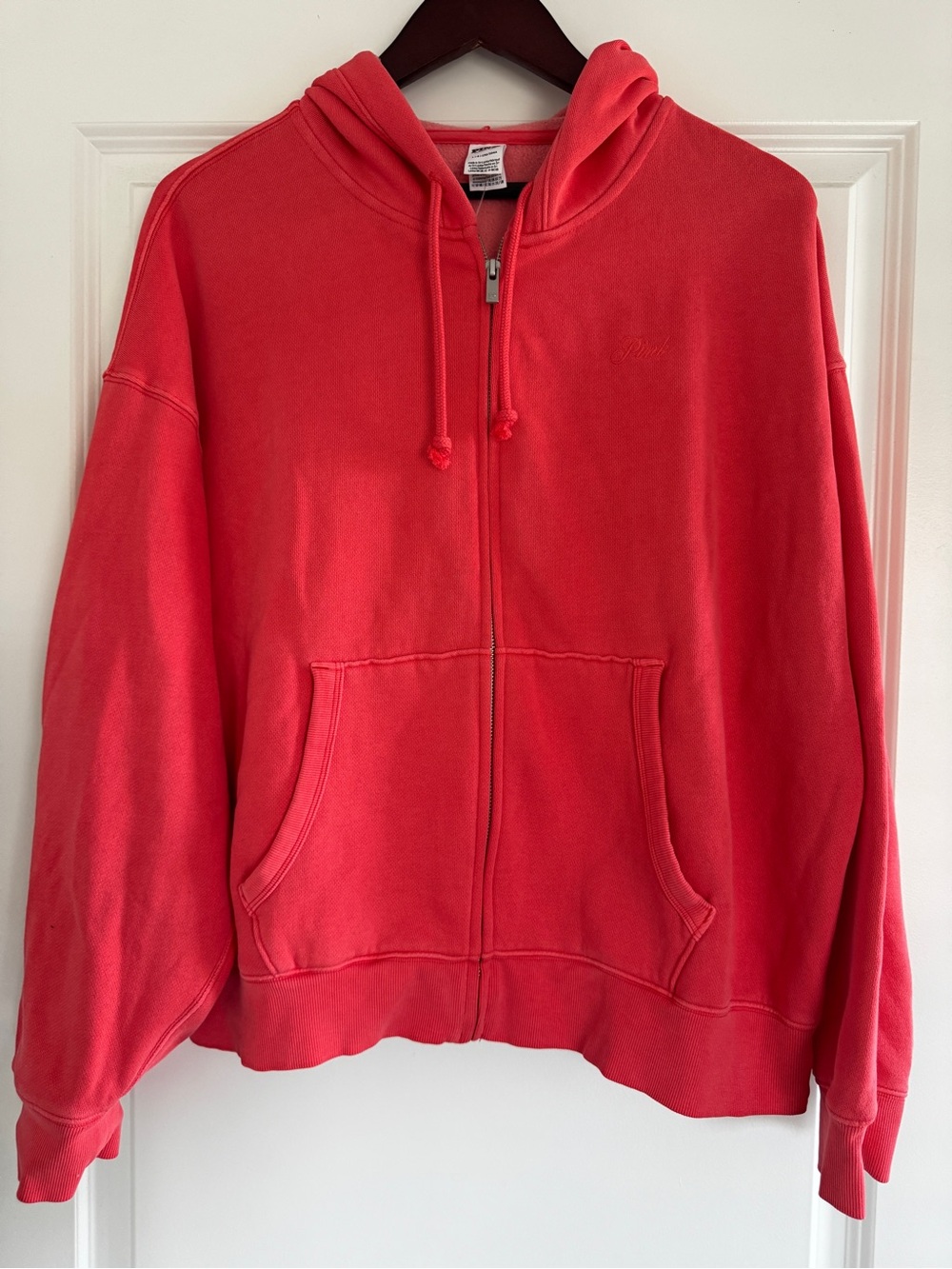 New V.S. PINK Coral Drawstring Mountain Range Italicized Logo Full Zip Hoodie L